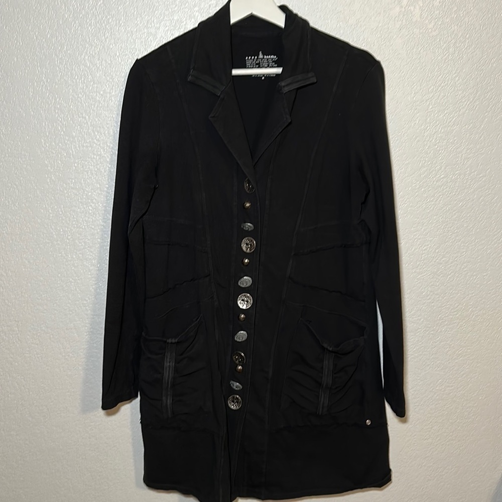 Neon Buddha Longline Soft Blazer with Mismatched Buttons Exposed Hems Lagenlook